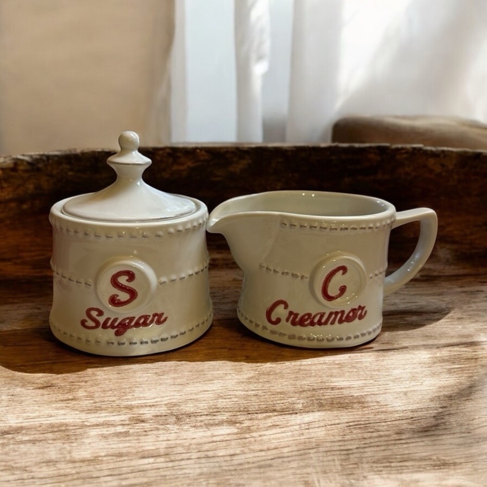 Vintage ceramic SUGAR & CREAMER word collection ceramic buff color and red